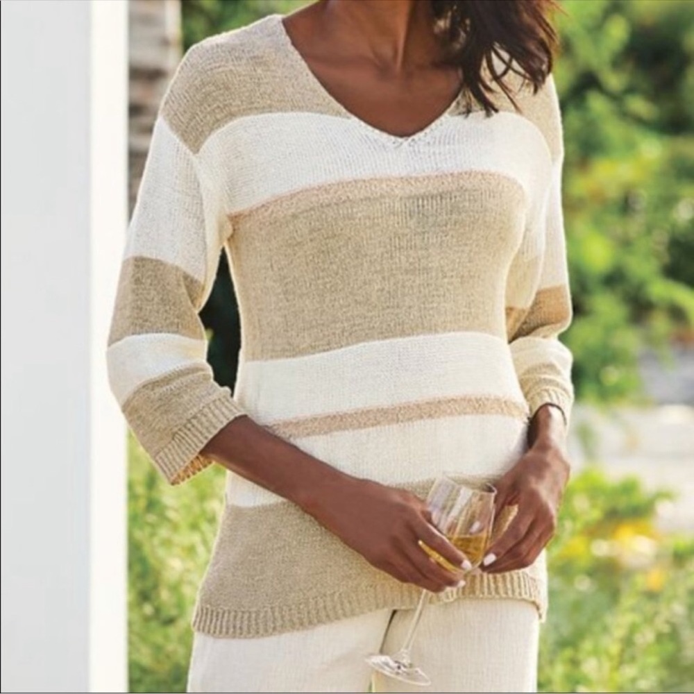 Soft Surroundings Saja V Neck Pullover Sweater Striped Layered Size Large Petite